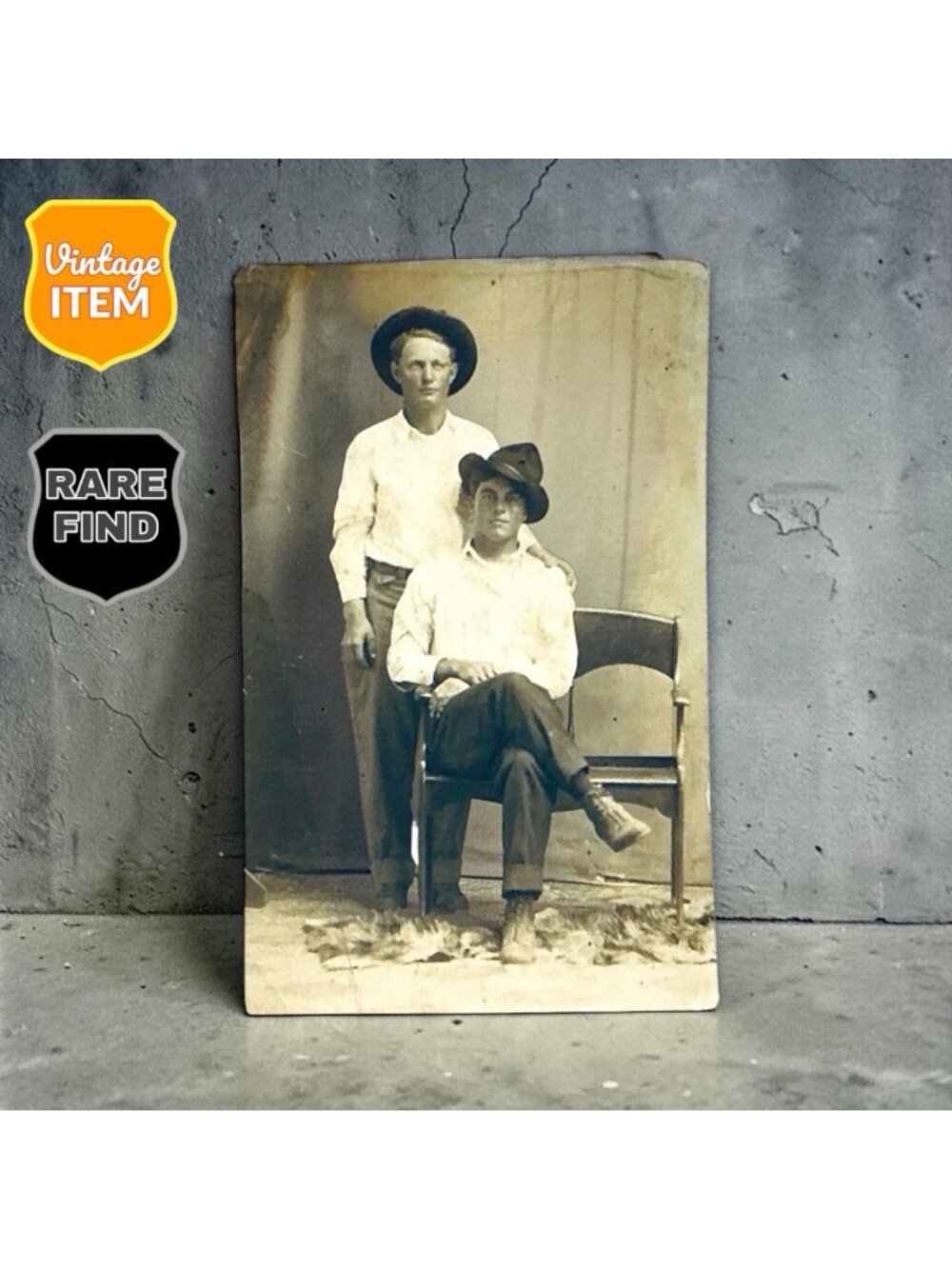 Old Antique Real Photo Postcard of Two Cowboy Brothers. 5.5 x 3.5
